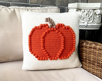 Pumpkin Crochet Pillow Pattern Fall Crochet Bobble Pumpkin Pillow DIY Farmhouse Home Decor Thanksgiving Halloween Crochet Cushion Autumn
