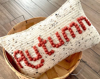 Autumn Crochet Pillow Pattern Crochet Pillow Fall Word Halloween Crochet Pattern Farmhouse Home Bobble Cushion Thanksgiving Autumn Popcorn