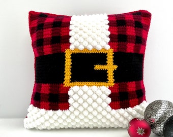 Santa Crochet Pillow Pattern Santa Claus Buffalo Plaid Crochet Pillow DIY Farmhouse Home Crochet Cushion Pattern Christmas Intarsia Bobble