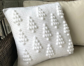 Christmas Crochet Pillow Pattern Tree Crochet Pillow DIY Cottage Style Holiday Crochet Cushion Pattern Winter Bobble Tree Farm Forest 18”