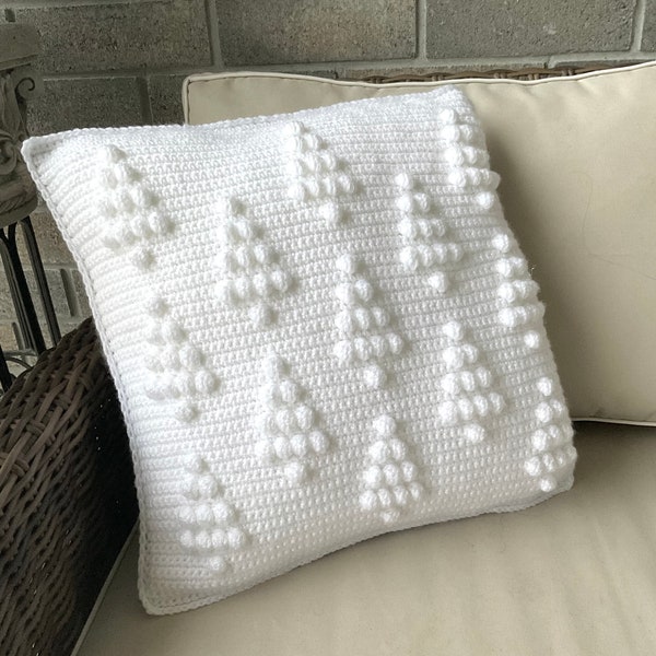 Christmas Crochet Pillow Pattern Tree Crochet Pillow DIY Cottage Style Holiday Crochet Cushion Pattern Winter Bobble Tree Farm Forest 18”