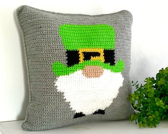 Gnome Crochet Pillow Pattern Crochet Pillow Gnome St Patrick’s  DIY Farmhouse Decor Crochet Cushion Pattern Intarsia Leprechaun Gnome