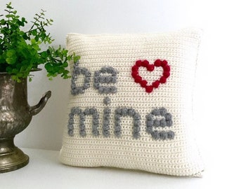 Valentine Crochet Pillow Pattern Be Mine Crochet Heart Pillow Bobble DIY Farmhouse Home Decor Crochet Cushion Word Pattern Intarsia