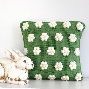Patrón de crochet Almohada de crochet Daisy Estilo boho Decoración danesa en colores pastel DIY Patrón de cojín de crochet de Pascua Intarsia moderna Almohada retro Pompón