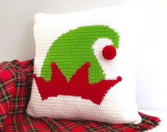 Christmas Crochet Pillow Pattern Christmas Elf Crochet Pillow DIY Farmhouse Decor Santa Helper Crochet Cushion Pattern Elf Intarsia Bobble