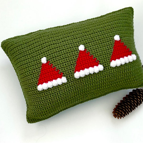 Christmas Crochet Pillow Pattern Santa Crochet Pillow DIY Farmhouse Home Decor Crochet Santa Cushion Pattern Santa Hat Bobble Holiday Lumbar