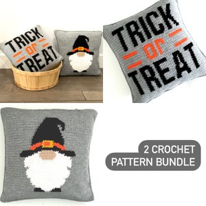 Halloween Crochet Pillow Pattern BUNDLE 2 Patterns Fall Gnome Trick Or Treat Witch Pillow Cushion Home Decor Word Pillow Intarsia Fall