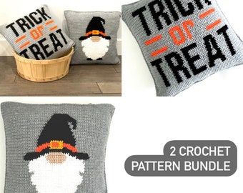 Halloween Crochet Pillow Pattern BUNDLE 2 Patterns Fall Gnome Trick Or Treat Witch Pillow Cushion Home Decor Word Pillow Intarsia Fall