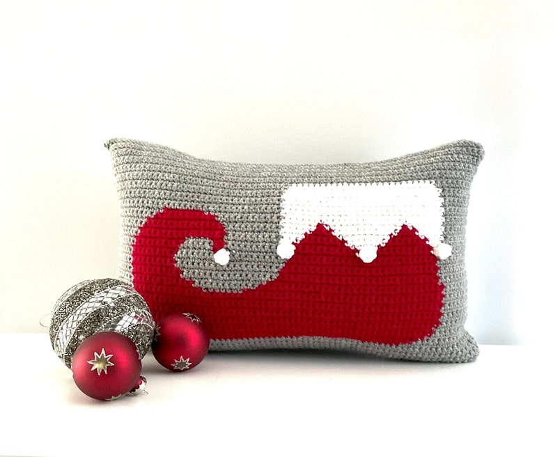 Christmas Crochet Pillow Pattern Crochet Pillow Elf DIY Farmhouse Home Decor Santa Helper Crochet Cushion Pattern Intarsia Holiday Bobble image 1