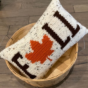 FALL Crochet Pillow Pattern Crochet Pillow Fall Word DIY Farmhouse Home Decor Leaf Crochet Cushion Thanksgiving Intarsia Autumn Season image 1