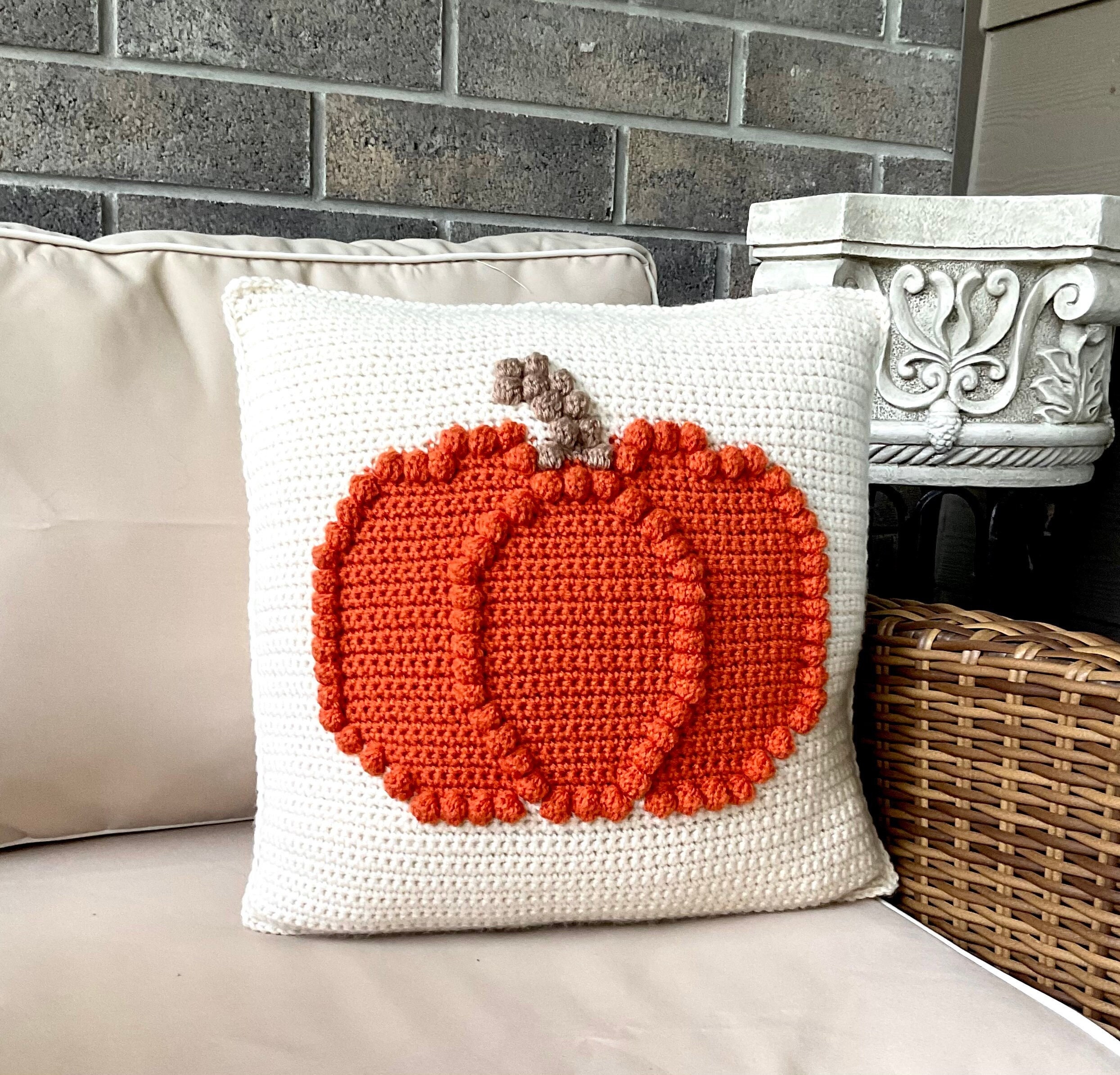 Pumpkin Crochet Pillow Pattern Fall Crochet Bobble Pumpkin Pillow DIY Farmhouse Home Decor Thanksgiving Halloween Crochet Cushion Autumn