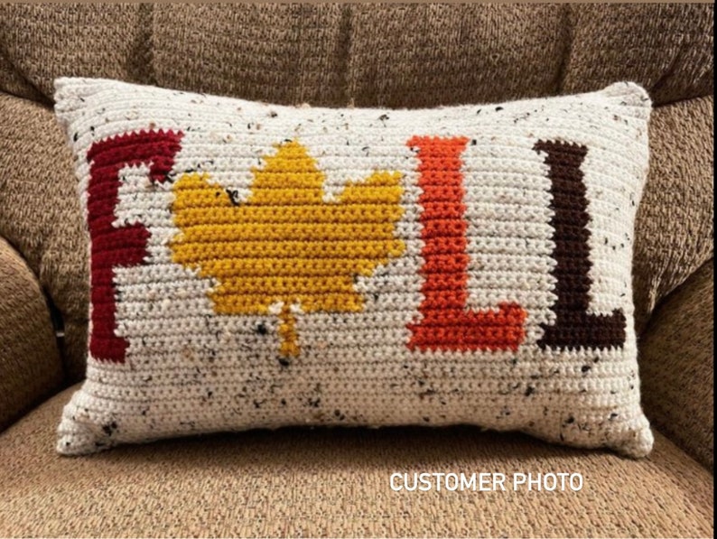 FALL Crochet Pillow Pattern Crochet Pillow Fall Word DIY Farmhouse Home Decor Leaf Crochet Cushion Thanksgiving Intarsia Autumn Season image 6