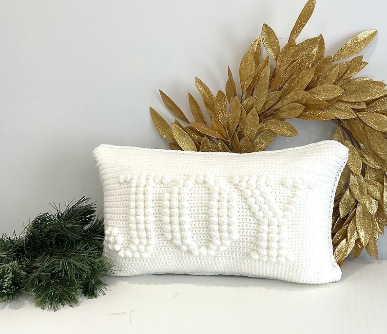 Christmas Crochet Pillow Pattern JOY Crochet Pillow DIY Farmhouse Home Decor Word Crochet Cushion Pattern Holiday Bobble Winter Lumbar JOY image 6