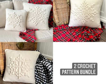 Lot de 2 coussins de Noël au crochet, motif flocon de neige, coussin au crochet, motif de coussin maison de ferme bricolage hiver, laissez-le neiger à pompon