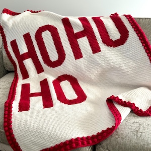 Patrón de manta navideña de ganchillo, Papá Noel, crochet DIY, estilo granja, Ho Ho Ho, patrón afgano de manta de ganchillo, pompón navideño de ganchillo, Papá Noel festivo