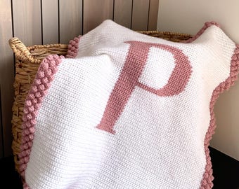 Crochet Baby Blanket Pattern Crochet DIY Letter P Baby Room Initial Crochet Pattern Intarsia Bobble Pattern Stroller Blanket Personalized