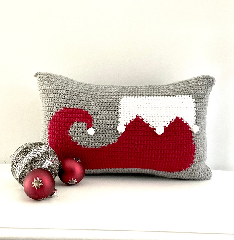 Christmas Crochet Pillow Pattern Crochet Pillow Elf DIY Farmhouse Home Decor Santa Helper Crochet Cushion Pattern Intarsia Holiday Bobble image 6