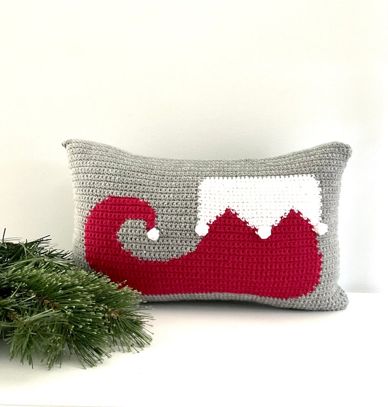 Christmas Crochet Pillow Pattern Crochet Pillow Elf DIY Farmhouse Home Decor Santa Helper Crochet Cushion Pattern Intarsia Holiday Bobble image 2