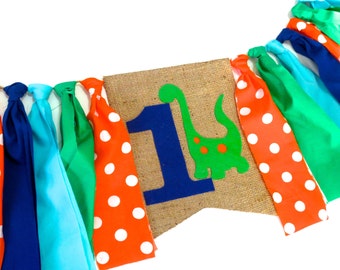 DINOSAUR Birthday Banner HighChair High Chair First Green Blue Aqua Orange  Garland One First Jungle Safari  Good Dinosaur Cake Smash