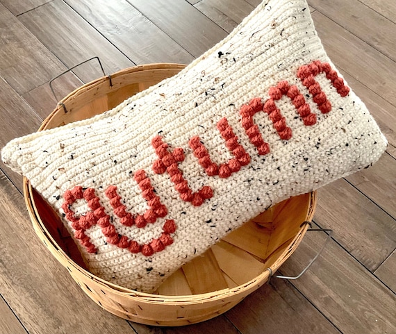 Autumn Crochet Pillow Pattern Crochet Pillow Fall Word Halloween Crochet Pattern Farmhouse Home Bobble Cushion Thanksgiving Autumn Popcorn