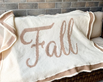 Patrón de manta de ganchillo de otoño Manta con pompones Intarsia Crochet DIY Cabaña de campo Otoño Patrón de manta afgana Palabra Acción de Gracias Halloween