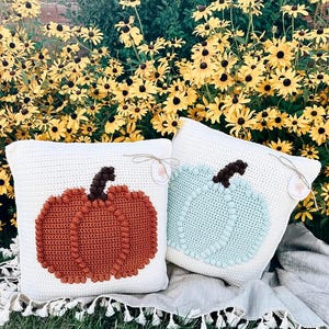 May include: Two square crochet pillows with white backgrounds. One pillow features a textured burnt orange pumpkin with a dark brown stem, and the other features a textured light blue pumpkin with a dark brown stem. Each has a small round tag.