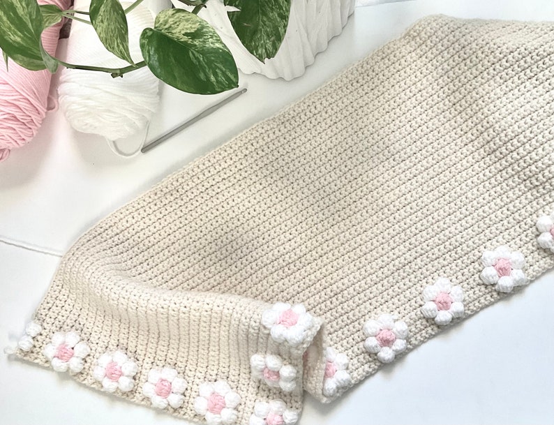 May include: A crocheted beige blanket with a white and pink flower border.