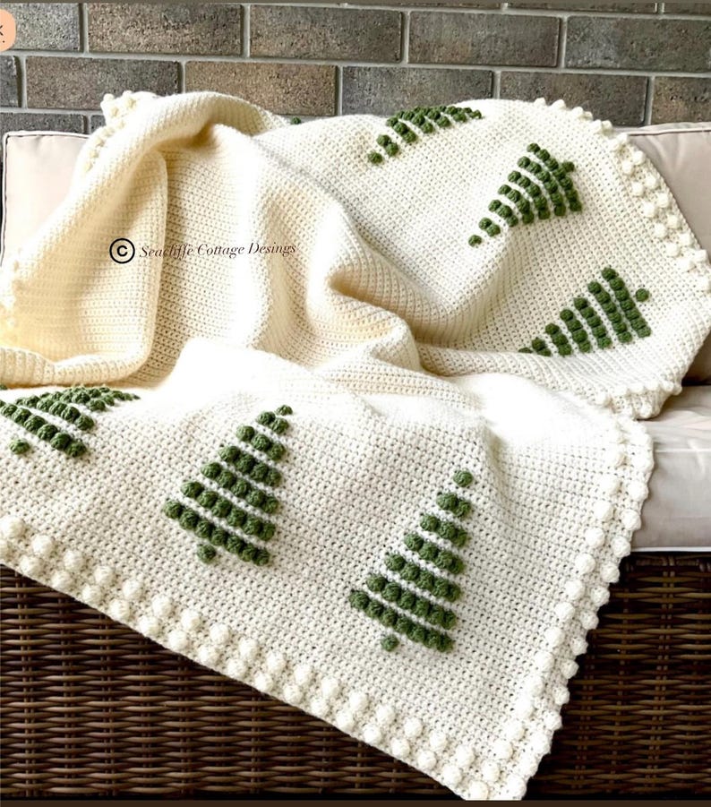 Crochet Pattern Blanket Christmas Pine Tree Crochet DIY Cottage Cabin Home Decor Throw Afghan Pattern Winter Intarsia Bobble Woodland Forest image 1