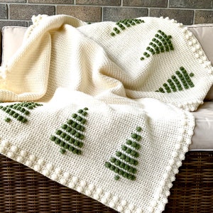 Couverture au motif sapin de Noël au crochet, décoration de maison au crochet pour chalet à faire soi-même, jeté motif afghan d'hiver à pompon en intarsia forêt des bois