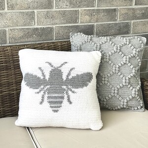 May include: Two decorative throw pillows, one white with a gray crocheted bee design and one gray with a crocheted geometric pattern. The pillows are on a wicker couch.