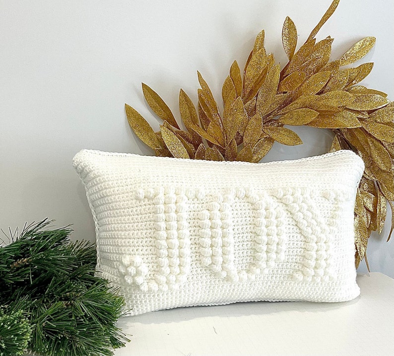 Christmas Crochet Pillow Pattern JOY Crochet Pillow DIY Farmhouse Home Decor Word Crochet Cushion Pattern Holiday Bobble Winter Lumbar JOY image 1