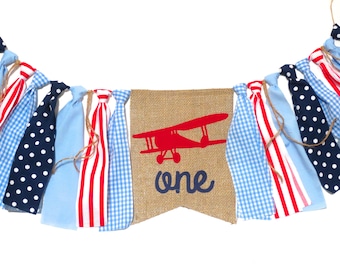 Airplane Birthday Banner Highchair High Chair Up Up And Away VINTAGE Red White Blue First One Party Decor Cake Smash Plane Prop Time Flies