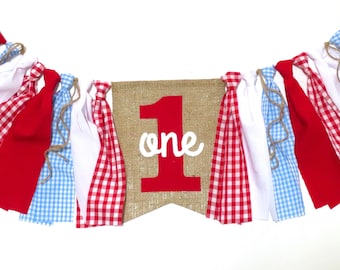 Teddy Bear Picnic Birthday Banner High Chair Highchair Red White Blue Gingham Plaid Garland Boy Girl Wizard of OZ First One Party Decor