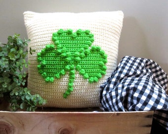 St Patrick’s Day Crochet Pattern Shamrock Pillow Crochet Pillow DIY Decoration Farmhouse Style Home Decor Clover Crochet Bobble Cushion