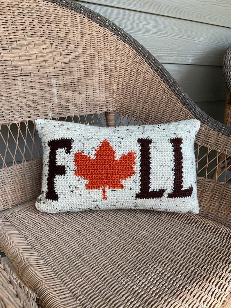 FALL Crochet Pillow Pattern Crochet Pillow Fall Word DIY Farmhouse Home Decor Leaf Crochet Cushion Thanksgiving Intarsia Autumn Season image 4