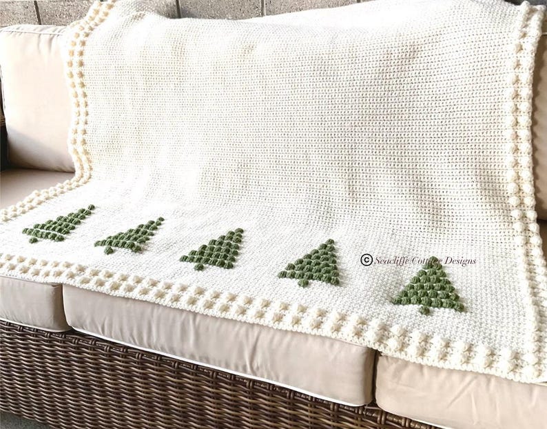 Crochet Pattern Blanket Christmas Pine Tree Crochet DIY Cottage Cabin Home Decor Throw Afghan Pattern Winter Intarsia Bobble Woodland Forest image 6