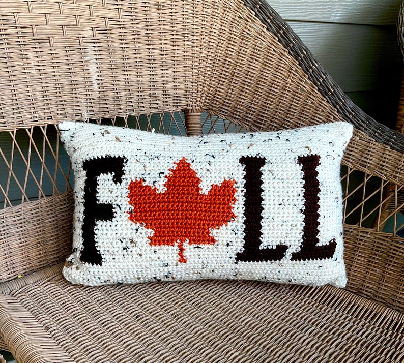 FALL Crochet Pillow Pattern Crochet Pillow Fall Word DIY Farmhouse Home Decor Leaf Crochet Cushion Thanksgiving Intarsia Autumn Season image 2