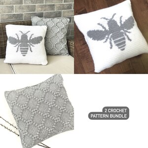 May include: Two crochet pillow patterns. One pattern features a gray bee on a white pillow. The other pattern is a gray textured pillow with a diamond pattern.