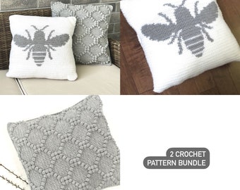 Patrón de abeja de crochet, 2 patrones, paquete de almohadas, almohada de abejorro, cojín de crochet enrejado, decoración de bricolaje, decoración de casa de campo, patrón bohemio de verano