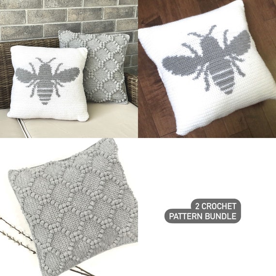 Bee Crochet Pattern 2 Pattern Pillow Bundle Bumble Bee Pillow Trellis Crochet Cushion DIY Decor Farmhouse Home Decor Boho Summer Pattern