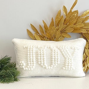 Christmas Crochet Pillow Pattern JOY Crochet Pillow DIY Farmhouse Home Decor Word Crochet Cushion Pattern Holiday Bobble Winter Lumbar JOY image 4