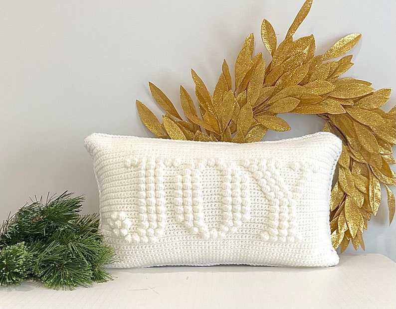 Christmas Crochet Pillow Pattern JOY Crochet Pillow DIY Farmhouse Home Decor Word Crochet Cushion Pattern Holiday Bobble Winter Lumbar JOY image 4