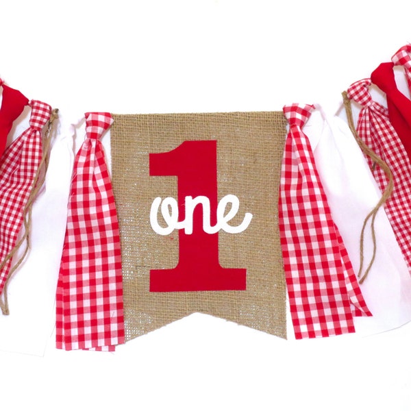 Teddy Bear Picnic Birthday Banner High Chair Highchair Red White Gingham Plaid Strawberry Garland Farmers Market First One Decor Cake Smash