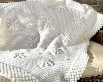 Patrón de manta navideña de crochet con copos de nieve y borlas Let It Snow, manta navideña de crochet para el invierno DIY, patrón navideño de crochet afgano