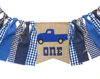 Little Blue Truck Birthday Banner Highchair High Chair Vintage Blue Plaid Gingham Little Man Farmer Farm County Fair Party Camping First One