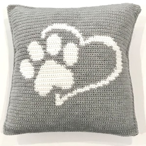 Paw Print Crochet Pillow Pattern Crochet Pillow Love My Dog Mom Pet Lover Cat Mom DIY Farmhouse Home Decor Modern Crochet Cushion Pattern