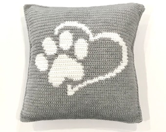 Paw Print Crochet Pillow Pattern Crochet Pillow Love My Dog Mom Pet Lover Cat Mom DIY Farmhouse Home Decor Modern Crochet Cushion Pattern