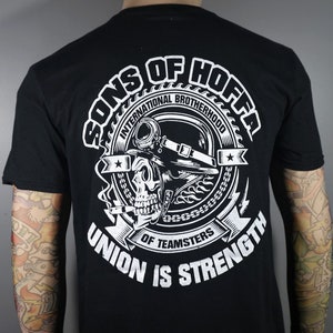 Teamsters Sons of Hoffa  Teamsters Rocker Biker Shirt all sizes black with chest and sleeve  Hat Hoffa Union is strength Skull 2