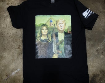 Trump & Milania Farmer Parody Shirt: American Flag Sleeve