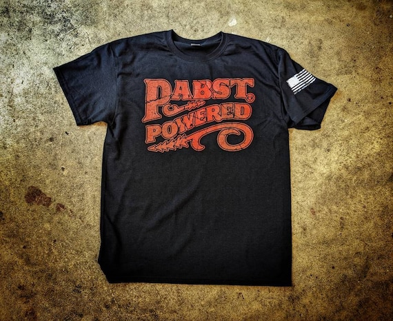 Pabst Blue Ribbon Vintage look Pabst Powered black T shirt all sizes Small Medium Large XL XXL XXL sleeve